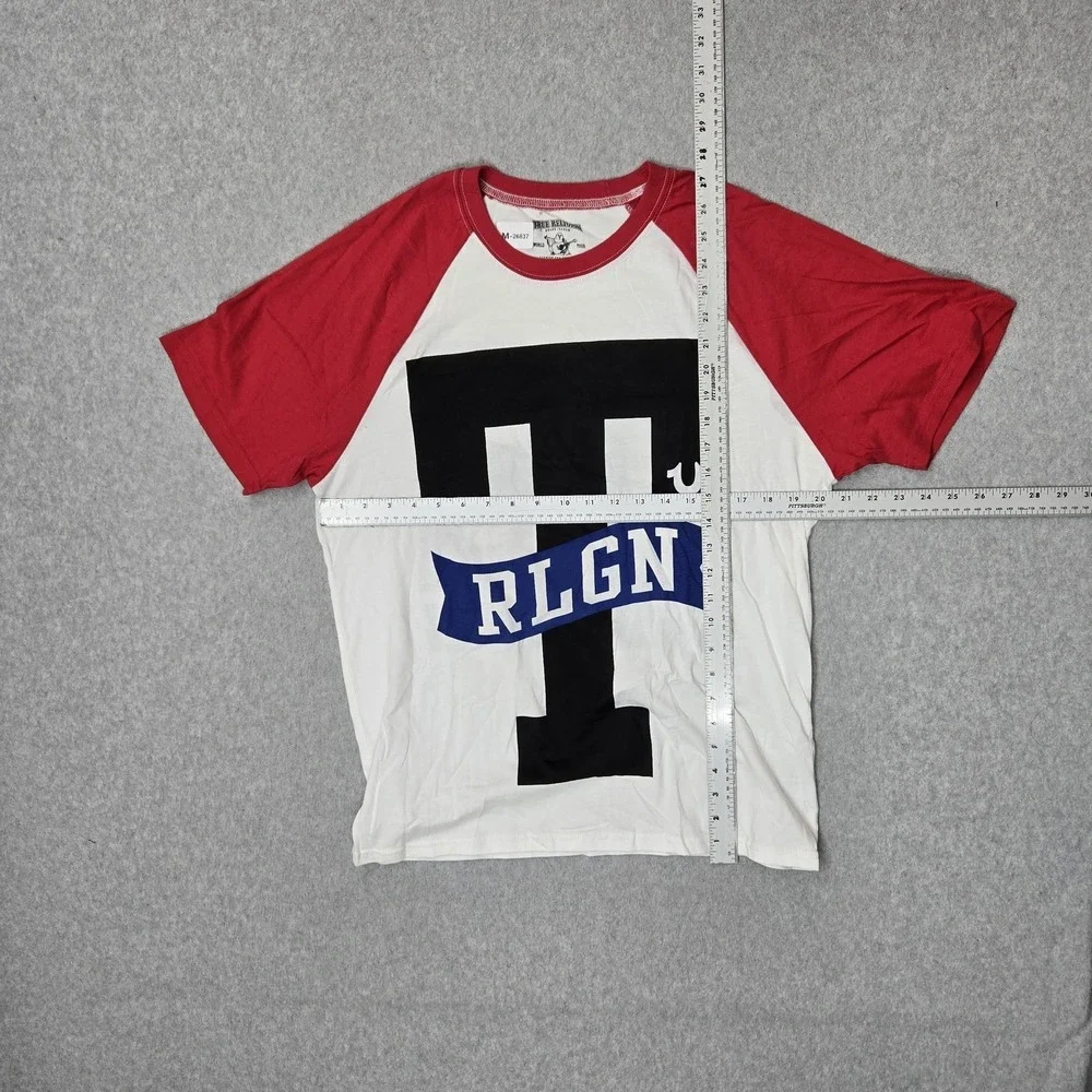 True‎ Religion Men Shirt L White Graphic Logo Number Raglan Baseball Tee